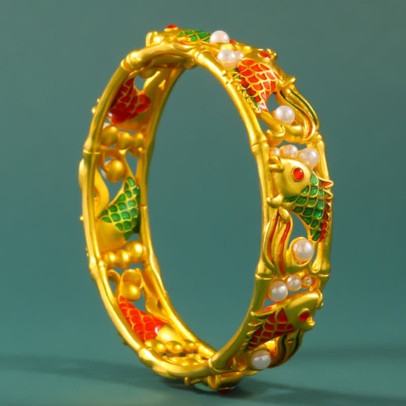 Buddha Stones Gold-Plated Brass Koi Fish Success Vintage Chinese Cuff Bracelet Bangle - image 1