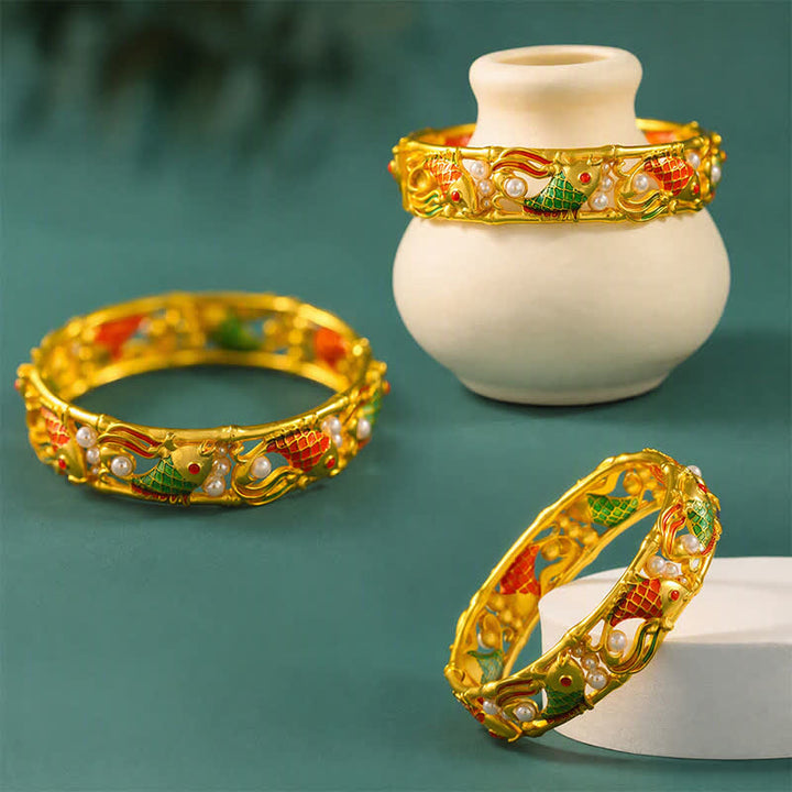 Buddha Stones Gold-Plated Brass Koi Fish Success Vintage Chinese Cuff Bracelet Bangle - image 9