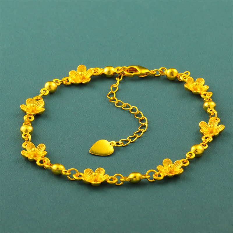 Buddha Stones Gold Plated Brass Heart Charm Floral Peach Blossom Bracelet - image 1