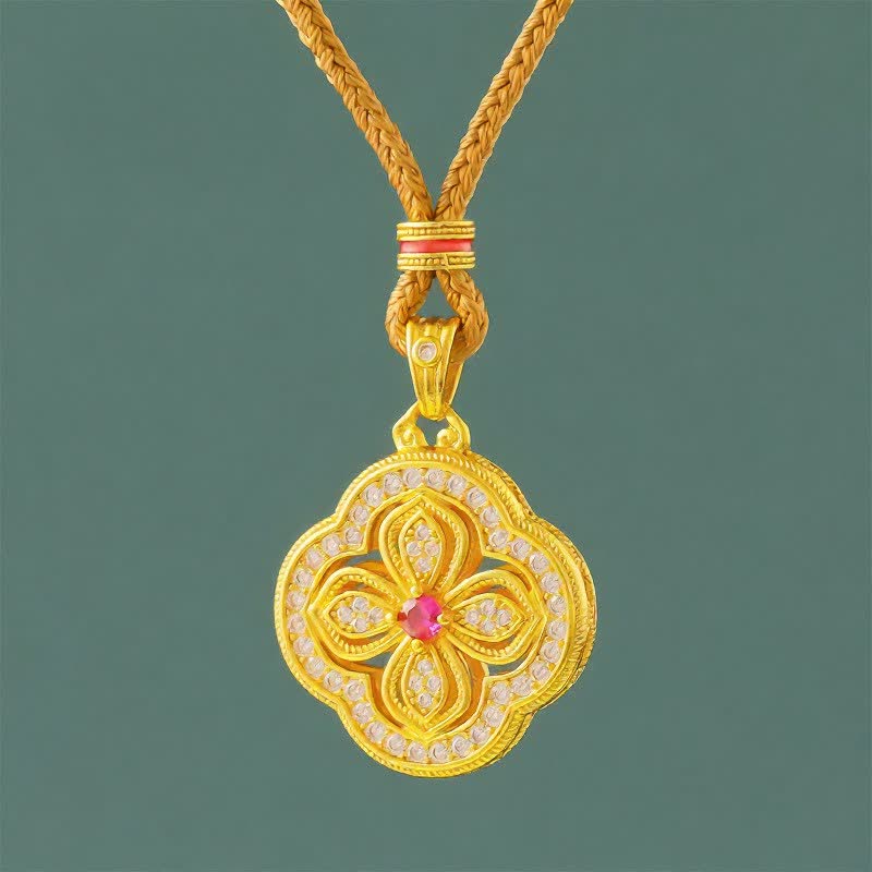 Buddha Stones Begonia Four Leaf Clover Design Luck Pendant Necklace - Begonia Golden Rope - image 0