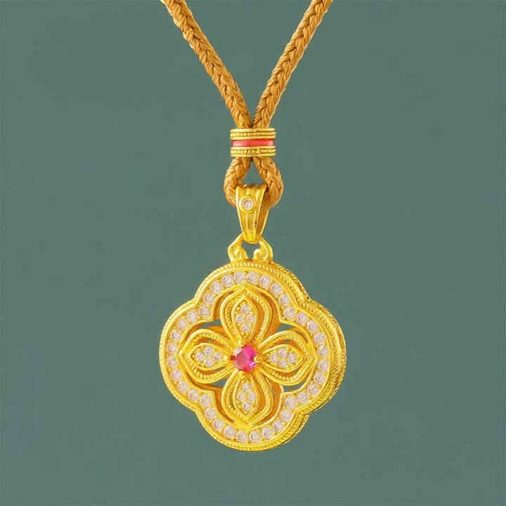 Buddha Stones Begonia Four Leaf Clover Design Luck Pendant Necklace - Begonia Golden Rope - image 0