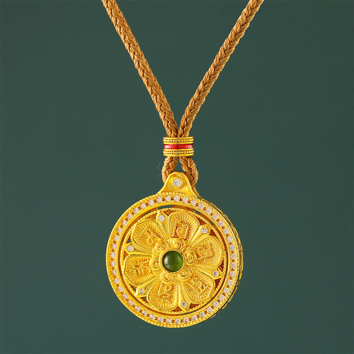 Buddha Stones Gold Plated Brass Om Mani Padme Hum Wisdom Rotating Round Necklace - Golden Rope - image 0