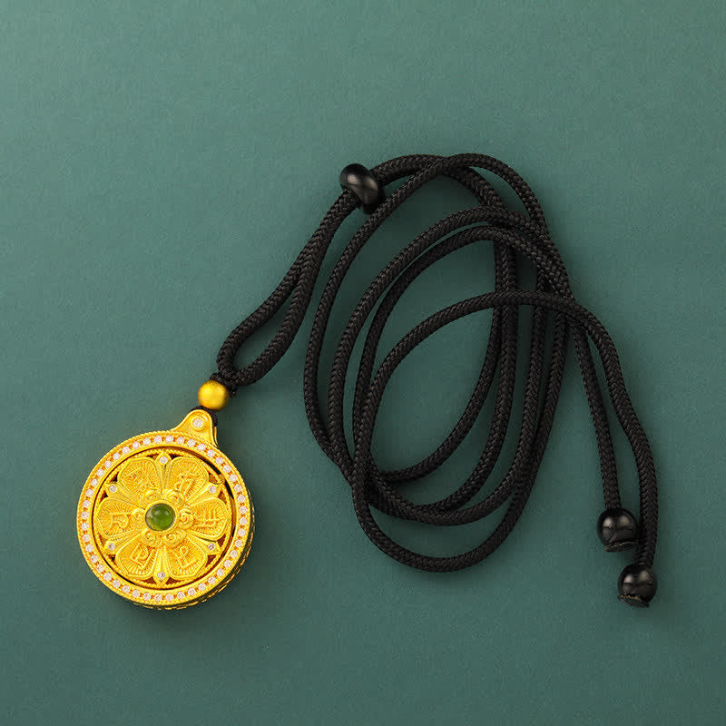 Buddha Stones Gold Plated Brass Om Mani Padme Hum Wisdom Rotating Round Necklace - Black Rope - image 10