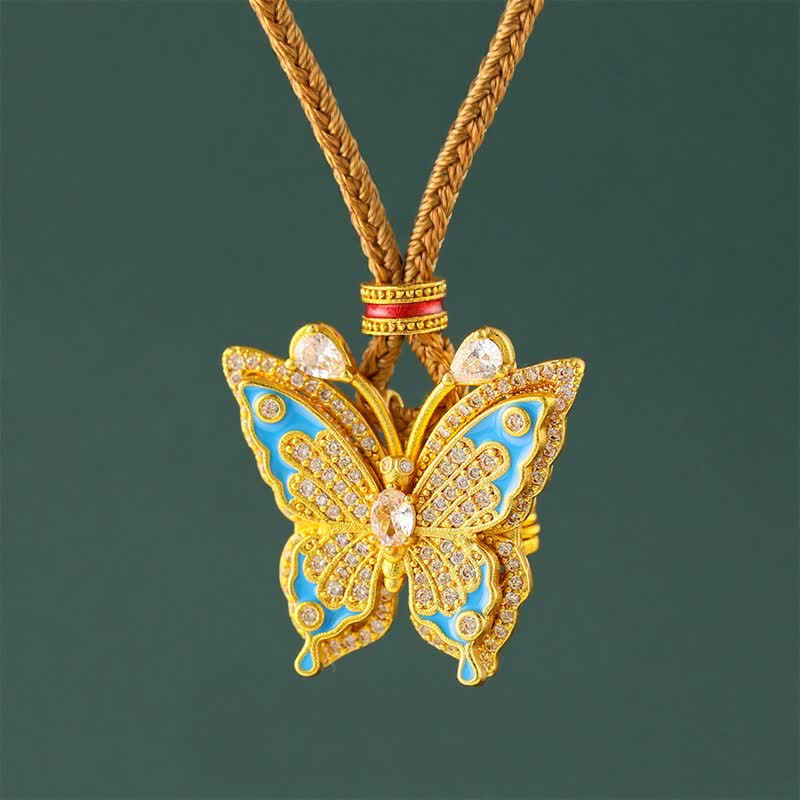 Buddha Stones Gold Plated Brass Butterfly Transformation Pendant Necklace - Brown Braided Cord - image 0