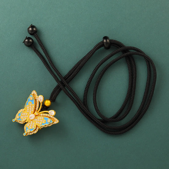 Buddha Stones Gold Plated Brass Butterfly Transformation Pendant Necklace - Beaded Black Cord - image 6
