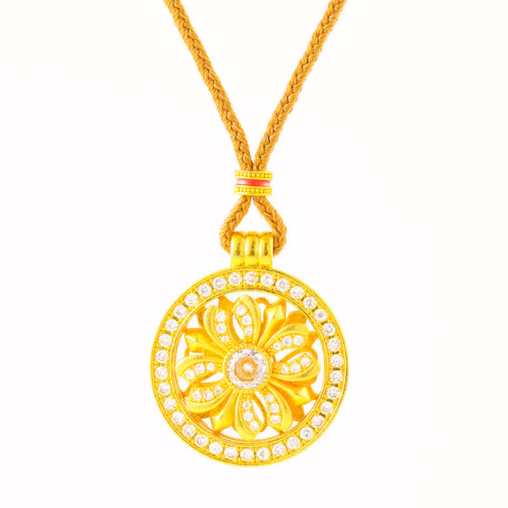 Buddha Stones Gold Plated Brass Rotating Iris Flower Round Pendant Necklace - image 4