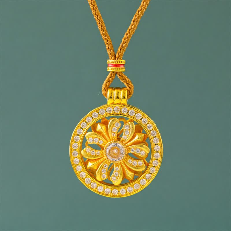 Buddha Stones Gold Plated Brass Rotating Iris Flower Round Pendant Necklace - Brown Braided Cord - image 0
