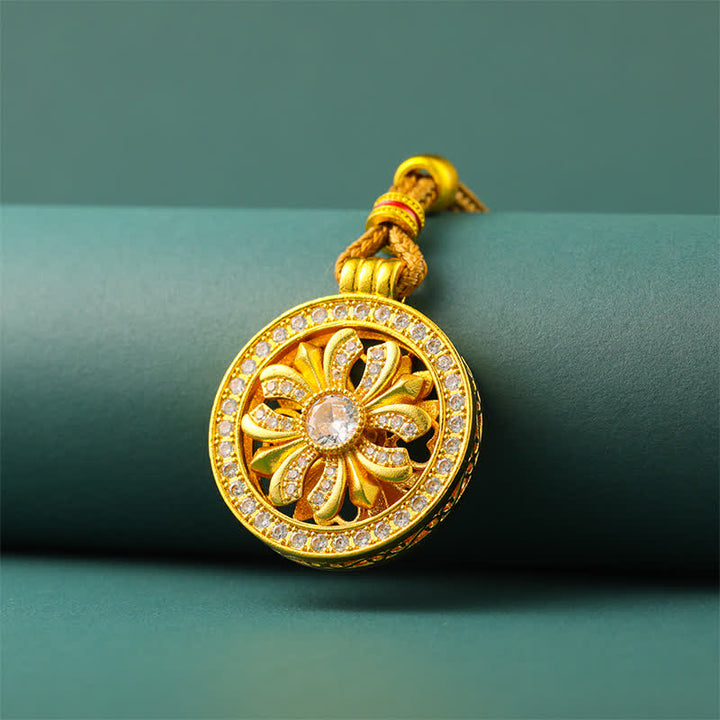Buddha Stones Gold Plated Brass Rotating Iris Flower Round Pendant Necklace - image 2