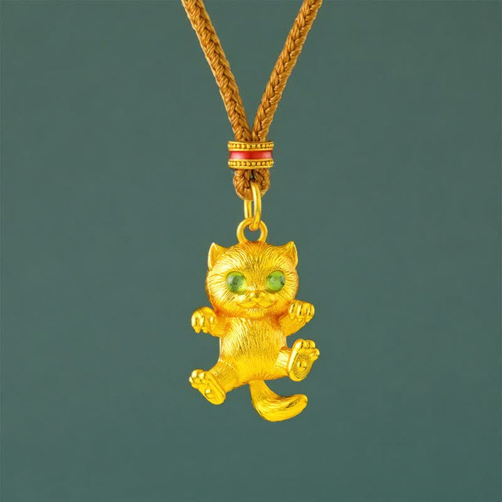Buddha Stones Gold Plated Brass Lucky Cat Grounding Pendant Necklace - Golden Rope - image 0