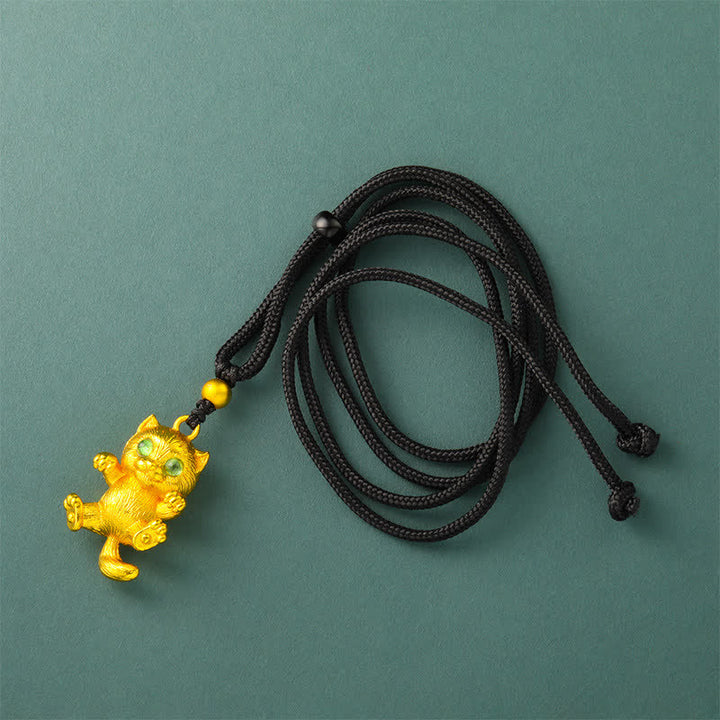 Buddha Stones Gold Plated Brass Lucky Cat Grounding Pendant Necklace - Black Rope - image 6
