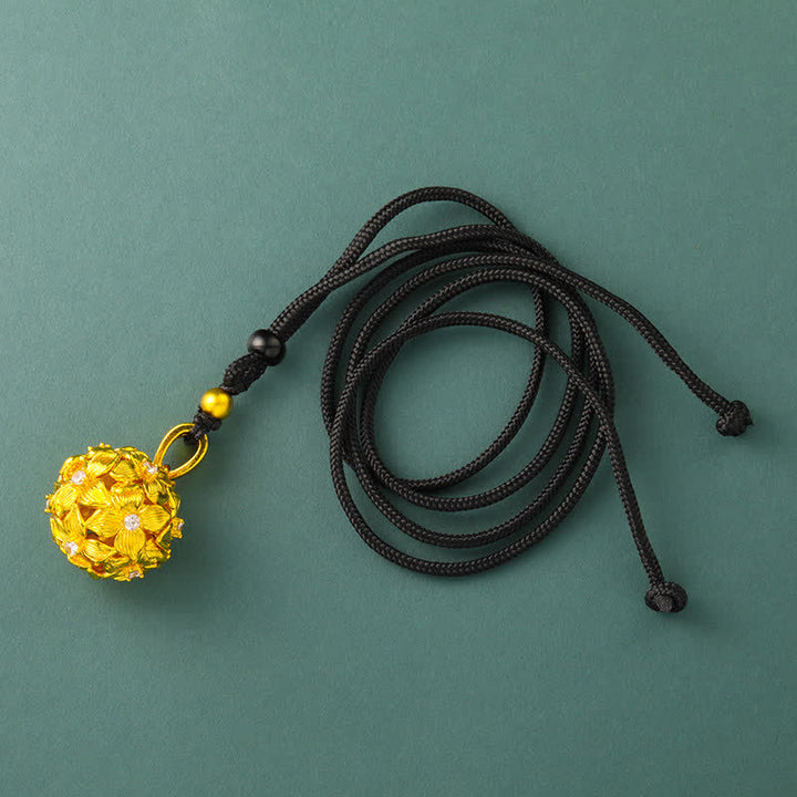 Buddha Stones Gold Plated Brass Openwork Hydrangea Pendant Necklace - Black Rope - image 6