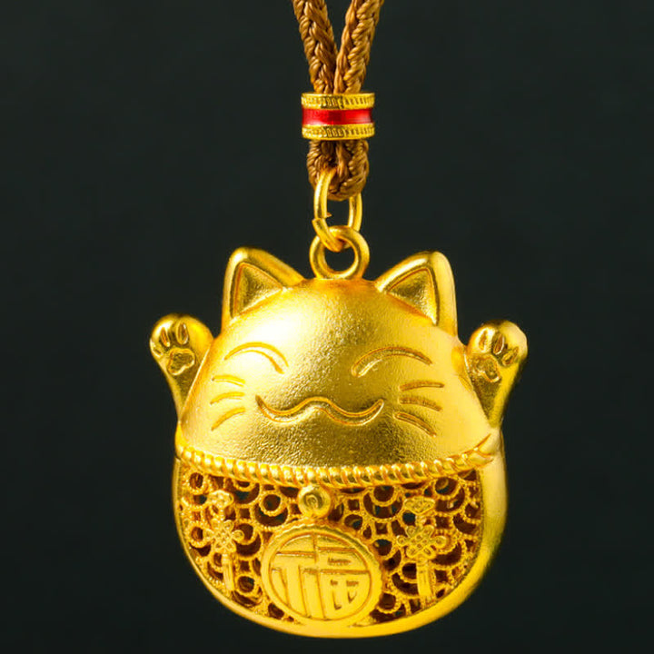 Buddha Stones Gold Plated Brass Fu Character Lucky Cat Blessing Braided Rope Necklace - image 9
