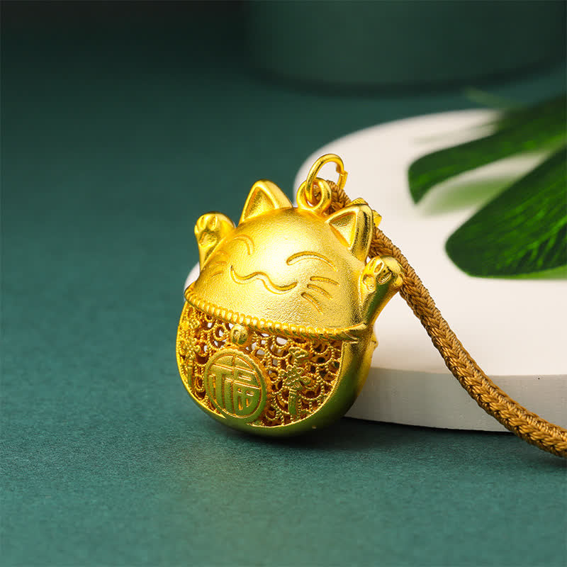 Buddha Stones Gold Plated Brass Fu Character Lucky Cat Blessing Braided Rope Necklace - image 2