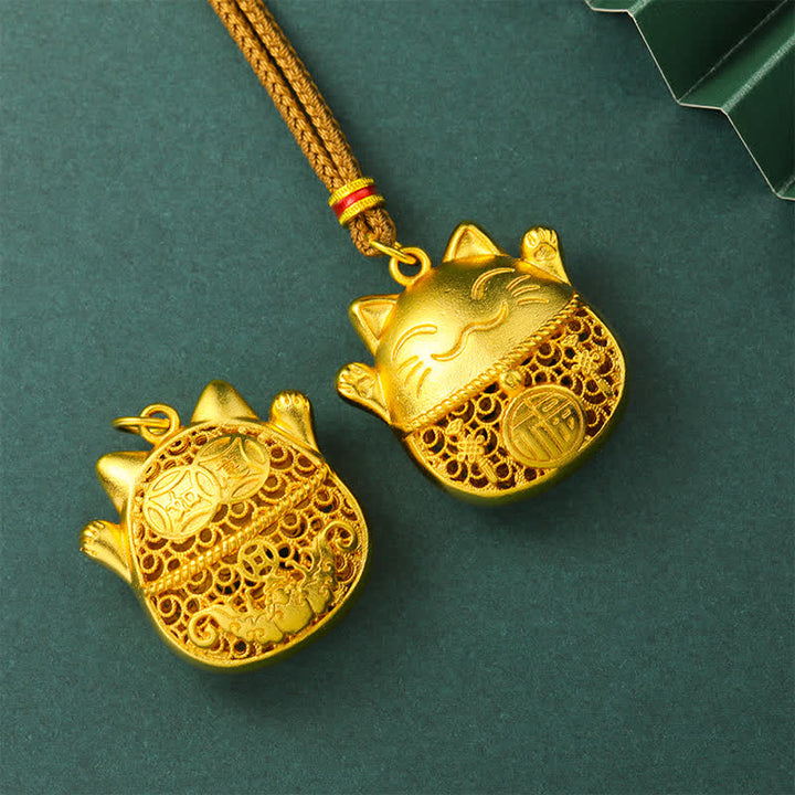 Buddha Stones Gold Plated Brass Fu Character Lucky Cat Blessing Braided Rope Necklace - image 3