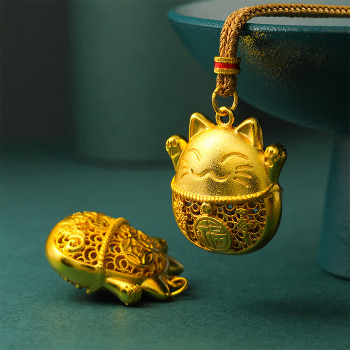 Buddha Stones Gold Plated Brass Fu Character Lucky Cat Blessing Braided Rope Necklace - image 4