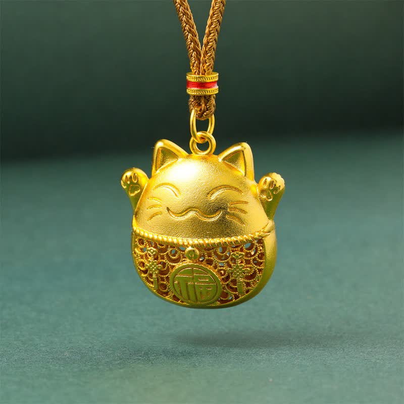 Buddha Stones Gold Plated Brass Fu Character Lucky Cat Blessing Braided Rope Necklace - Golden Rope - image 0