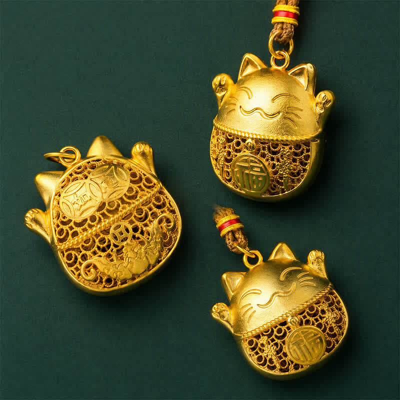 Buddha Stones Gold Plated Brass Fu Character Lucky Cat Blessing Braided Rope Necklace - image 8
