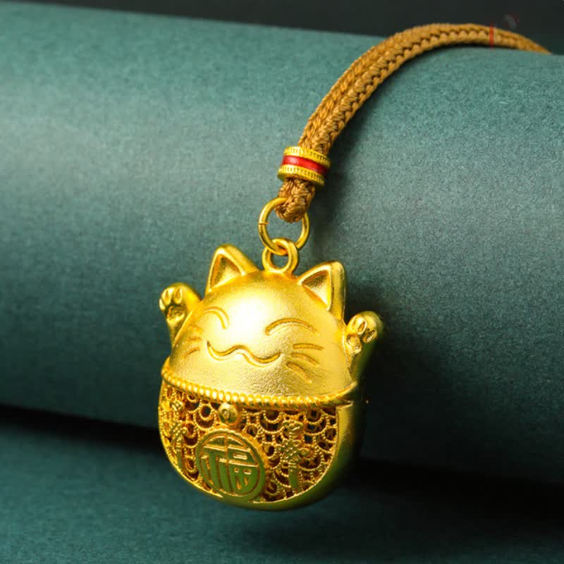 Buddha Stones Gold Plated Brass Fu Character Lucky Cat Blessing Braided Rope Necklace - image 1