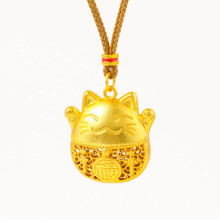 Buddha Stones Gold Plated Brass Fu Character Lucky Cat Blessing Braided Rope Necklace - image 10