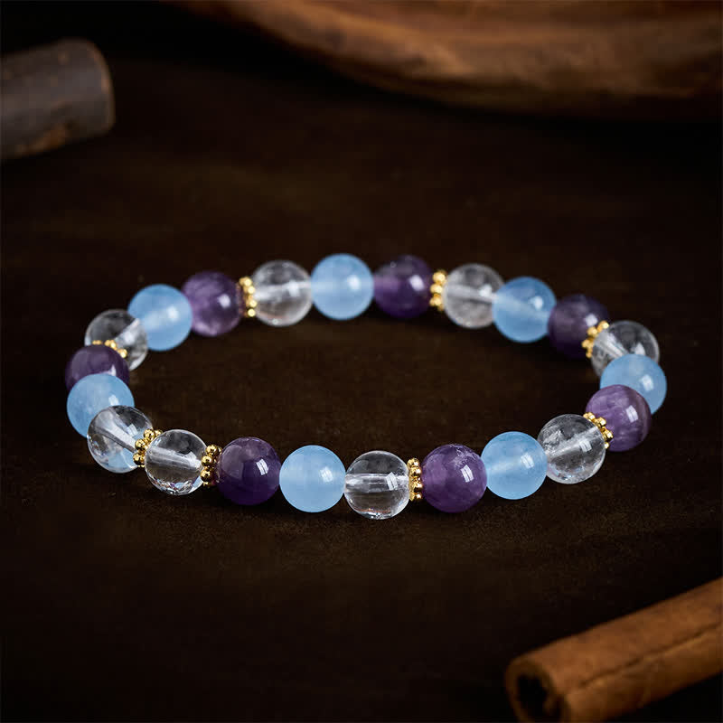 Buddha Stones Clear Quartz Amethyst Blue Chalcedony Beads Protection Bracelet - image 1