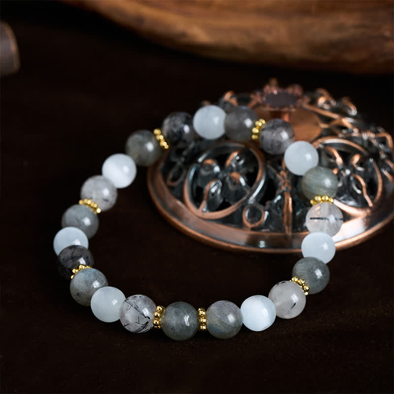 Buddha Stones White Cat's Eye Moonstone Black Rutilated Quartz Beads Abundance Bracelet - image 1