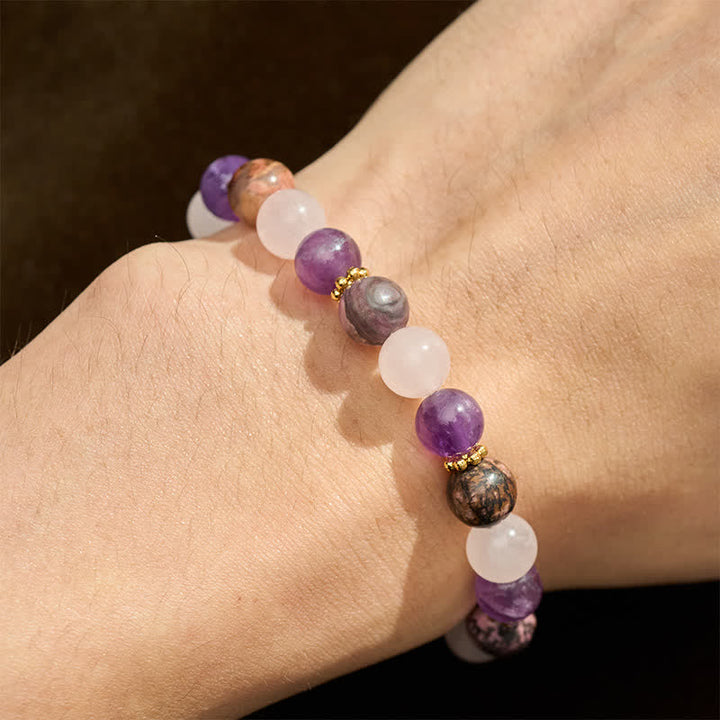 Buddha Stones Rose Quartz Rhodonite Amethyst Beads Peace Bracelet - image 4