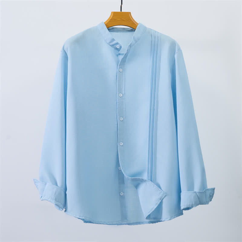 Buddha Stones Fall Tang Style Casual Mandarin Collar Button-Up Solid Men's Long Sleeve Shirts - PowderBlue - US/UK/AU40, EU50 (2XL) - image 0