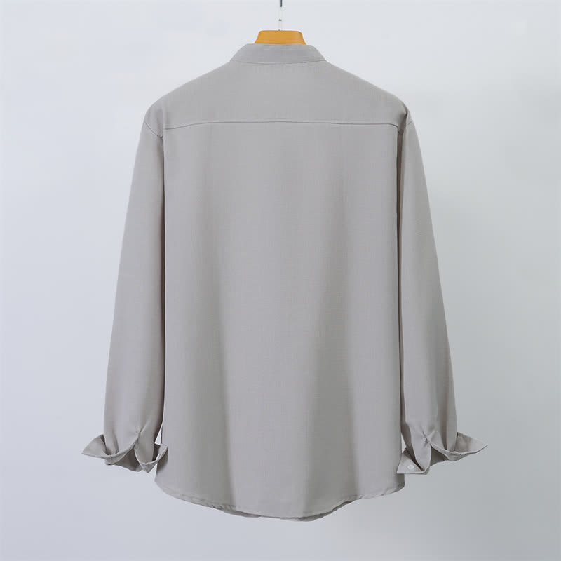 Buddha Stones Fall Tang Style Casual Mandarin Collar Button-Up Solid Men's Long Sleeve Shirts - image 9