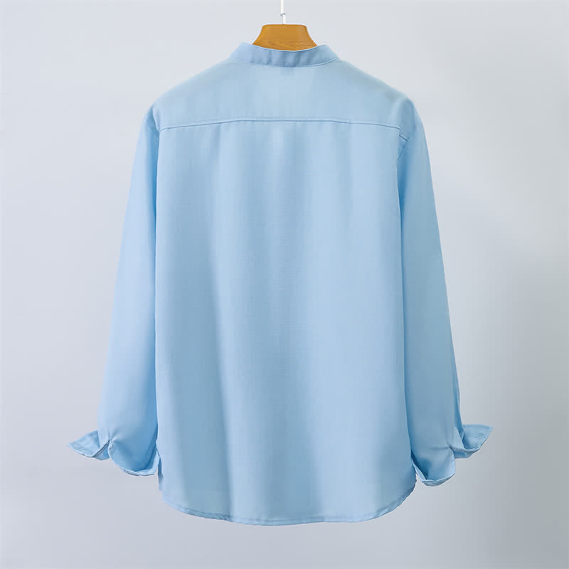 Buddha Stones Fall Tang Style Casual Mandarin Collar Button-Up Solid Men's Long Sleeve Shirts - image 1
