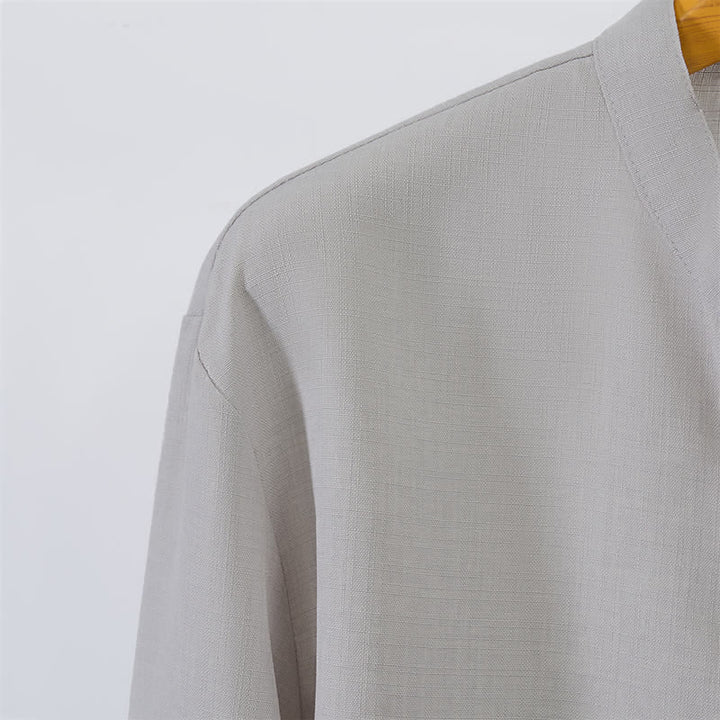 Buddha Stones Fall Tang Style Casual Mandarin Collar Button-Up Solid Men's Long Sleeve Shirts - image 14