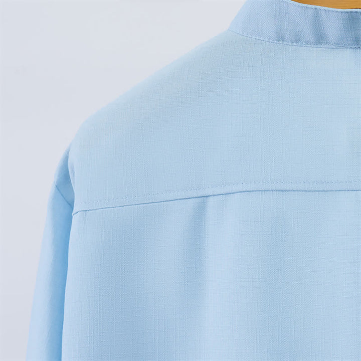 Buddha Stones Fall Tang Style Casual Mandarin Collar Button-Up Solid Men's Long Sleeve Shirts - image 7