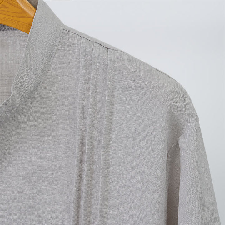Buddha Stones Fall Tang Style Casual Mandarin Collar Button-Up Solid Men's Long Sleeve Shirts - image 11
