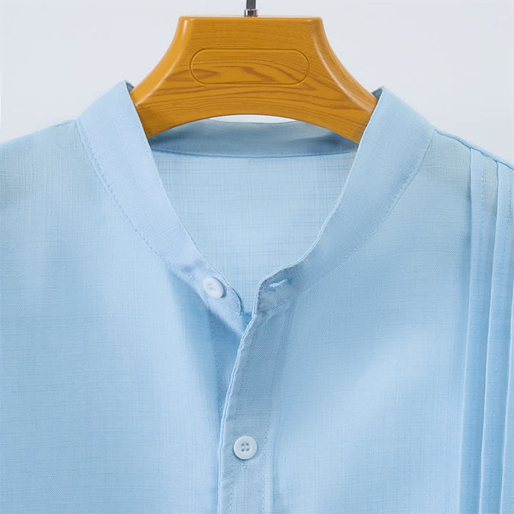 Buddha Stones Fall Tang Style Casual Mandarin Collar Button-Up Solid Men's Long Sleeve Shirts - image 2