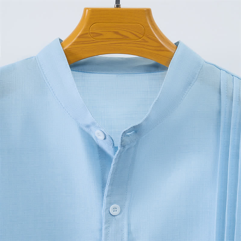 Buddha Stones Fall Tang Style Casual Mandarin Collar Button-Up Solid Men's Long Sleeve Shirts - image 3