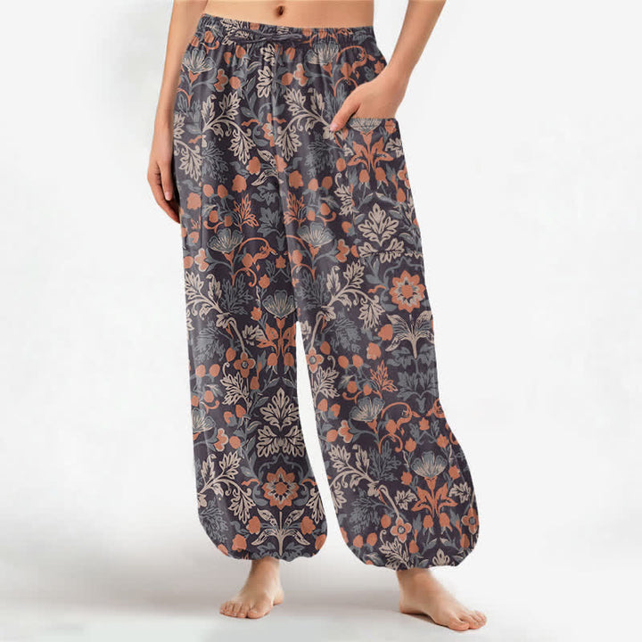 Buddha Stones Cotton Vintage Floral Paisley Pattern Women's Elastic Waist Harem Pants With Side Pockets - SaddleBrown - US16，UK/AU20，EU48 (3XL) - image 0