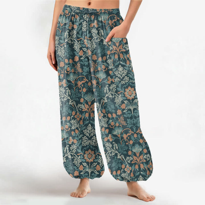 Buddha Stones Cotton Vintage Floral Paisley Pattern Women's Elastic Waist Harem Pants With Side Pockets - Teal - US16，UK/AU20，EU48 (3XL) - image 7