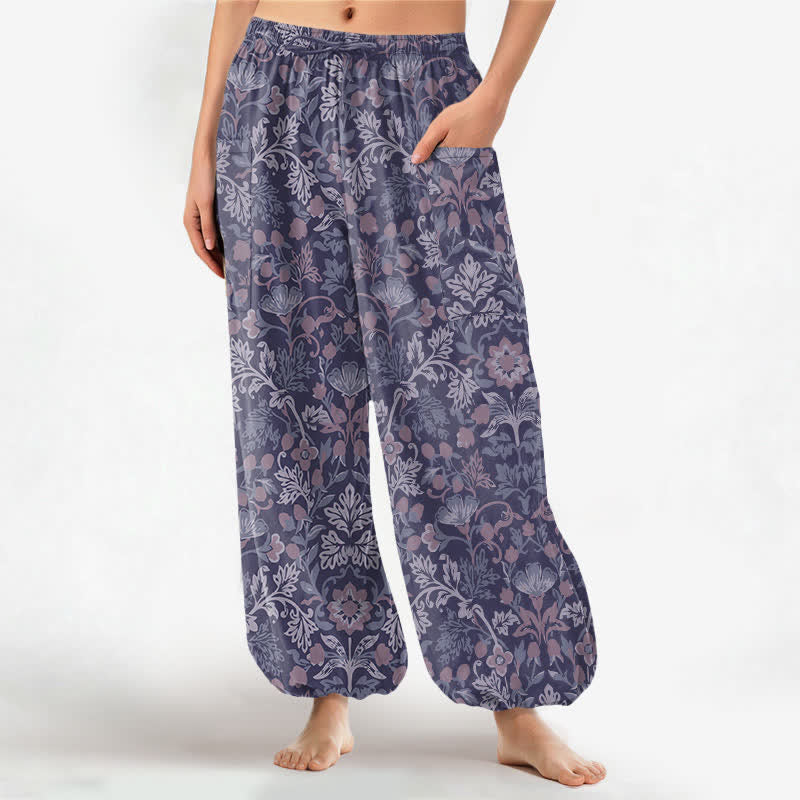 Buddha Stones Cotton Vintage Floral Paisley Pattern Women's Elastic Waist Harem Pants With Side Pockets - Indigo - US16，UK/AU20，EU48 (3XL) - image 10