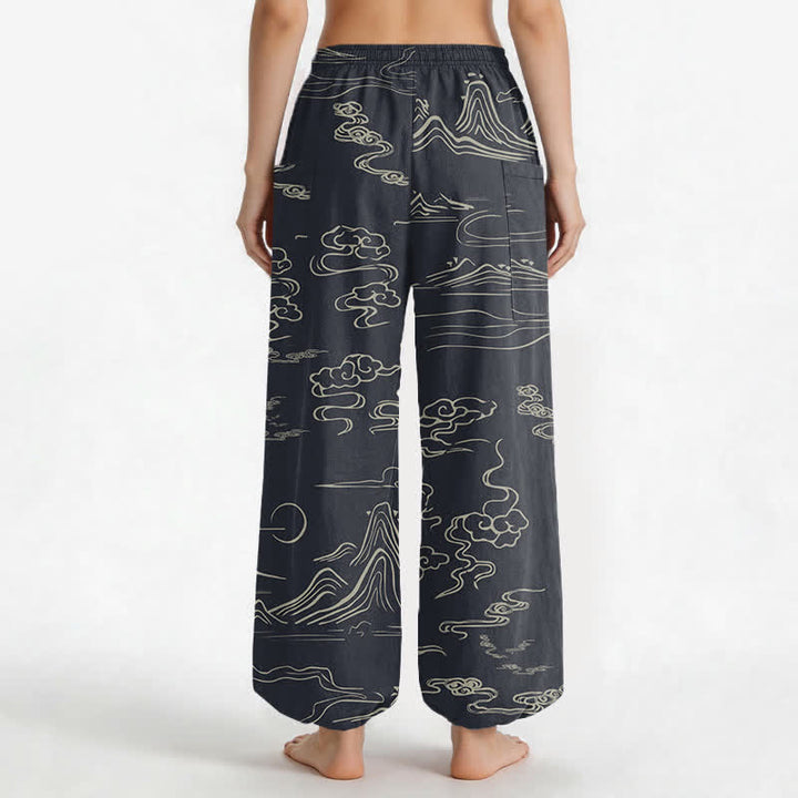 Buddha Stones Cotton Oriental Mountain Cloud Pattern Women's Elastic Waist Harem Pants With Side Pockets - image 2