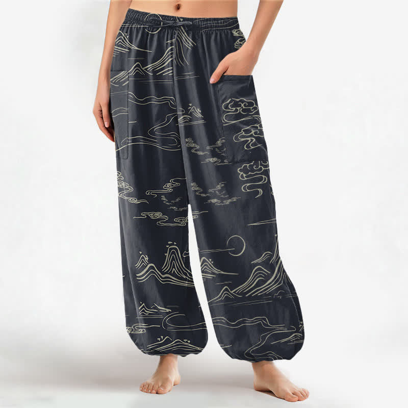 Buddha Stones Cotton Oriental Mountain Cloud Pattern Women's Elastic Waist Harem Pants With Side Pockets - Black - US16，UK/AU20，EU48 (3XL) - image 0