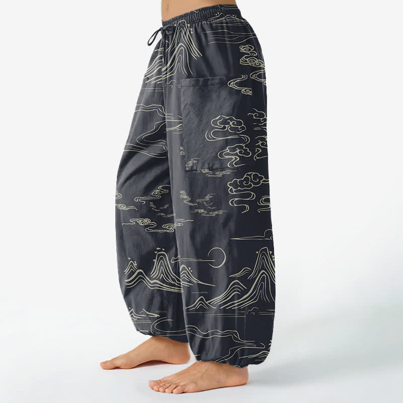 Buddha Stones Cotton Oriental Mountain Cloud Pattern Women's Elastic Waist Harem Pants With Side Pockets - image 1