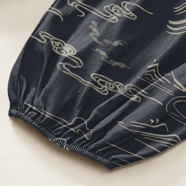Buddha Stones Cotton Oriental Mountain Cloud Pattern Women's Elastic Waist Harem Pants With Side Pockets - image 6