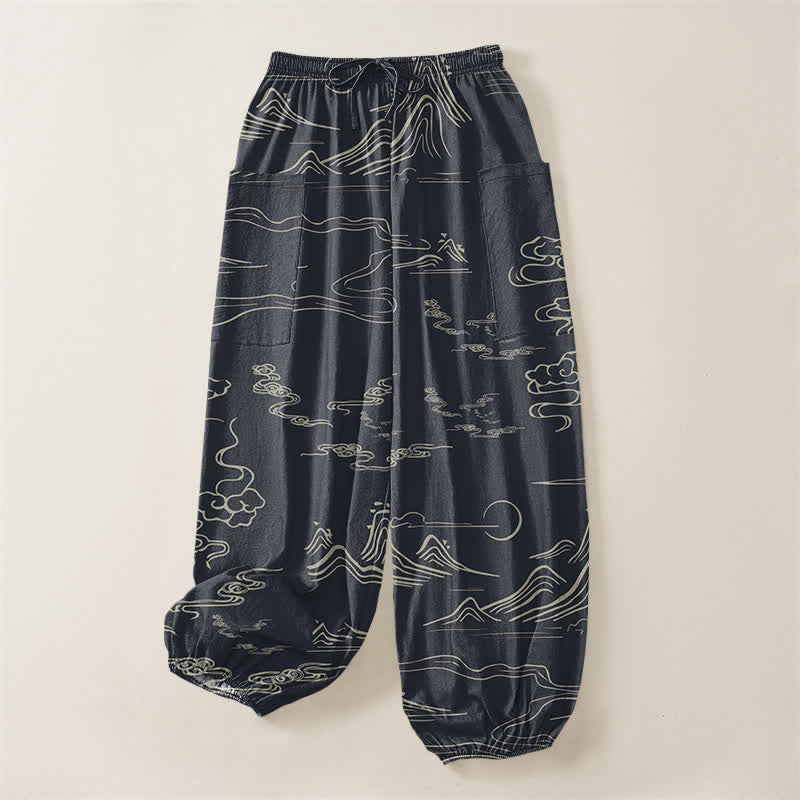 Buddha Stones Cotton Oriental Mountain Cloud Pattern Women's Elastic Waist Harem Pants With Side Pockets - image 4
