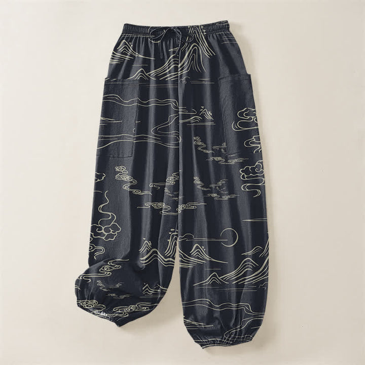 Buddha Stones Cotton Oriental Mountain Cloud Pattern Women's Elastic Waist Harem Pants With Side Pockets - image 4