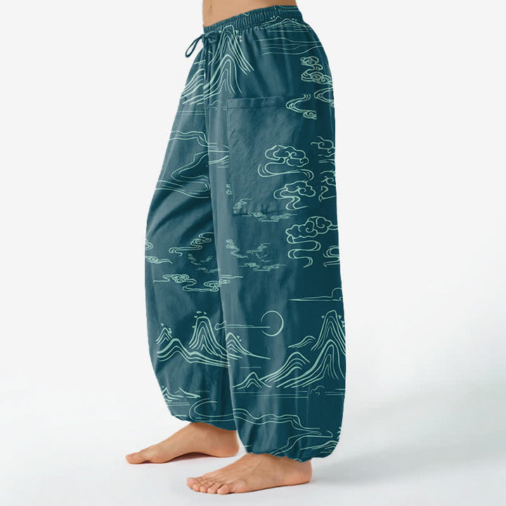 Buddha Stones Cotton Oriental Mountain Cloud Pattern Women's Elastic Waist Harem Pants With Side Pockets - image 8