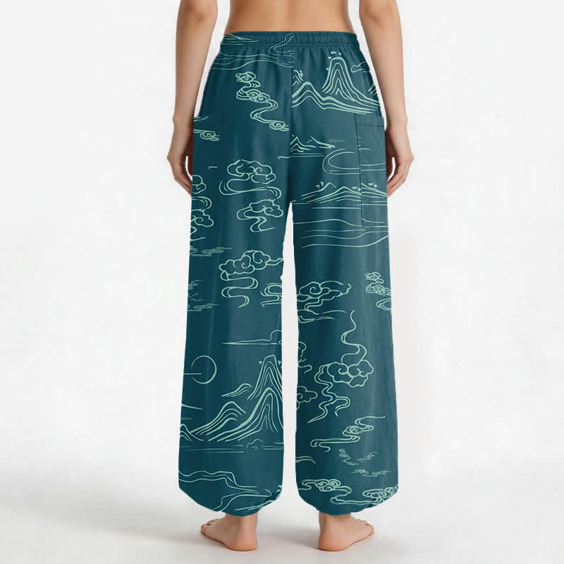 Buddha Stones Cotton Oriental Mountain Cloud Pattern Women's Elastic Waist Harem Pants With Side Pockets - image 9