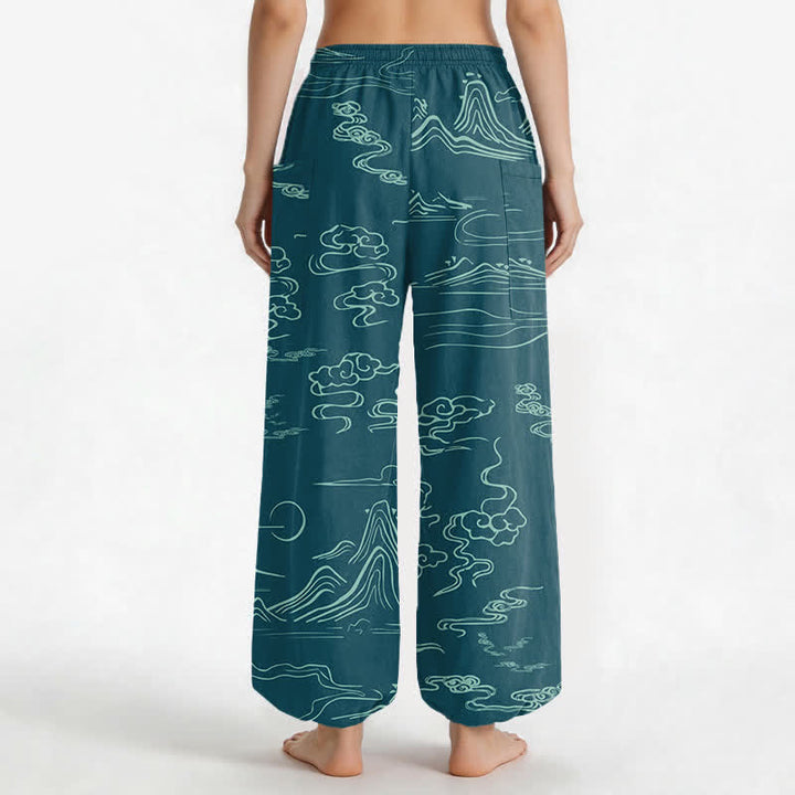 Buddha Stones Cotton Oriental Mountain Cloud Pattern Women's Elastic Waist Harem Pants With Side Pockets - image 9