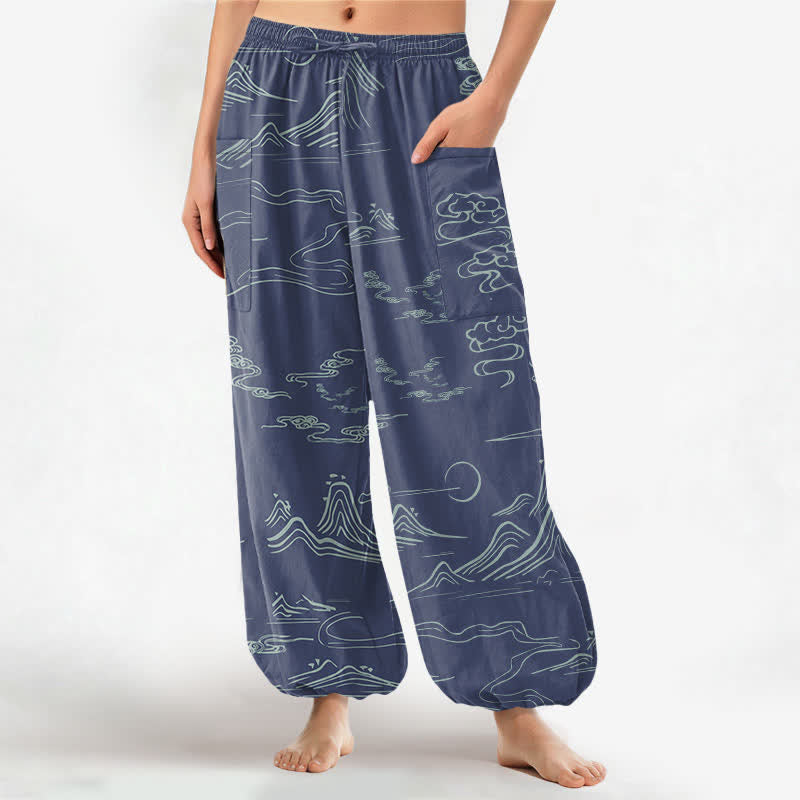 Buddha Stones Cotton Oriental Mountain Cloud Pattern Women's Elastic Waist Harem Pants With Side Pockets - SteelBlue - US16，UK/AU20，EU48 (3XL) - image 10