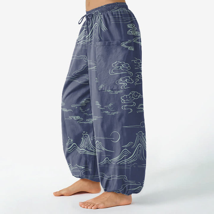 Buddha Stones Cotton Oriental Mountain Cloud Pattern Women's Elastic Waist Harem Pants With Side Pockets - image 11