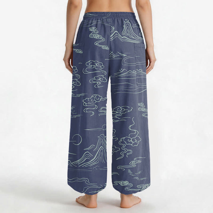 Buddha Stones Cotton Oriental Mountain Cloud Pattern Women's Elastic Waist Harem Pants With Side Pockets - image 12