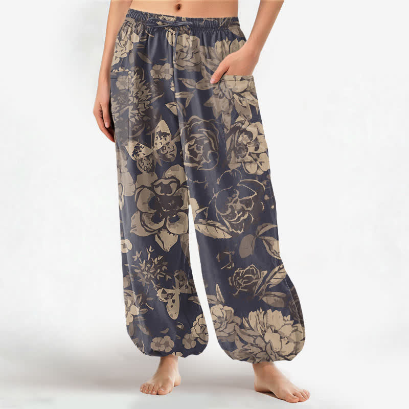 Buddha Stones Cotton Vintage Peony Chrysanthemum Floral Pattern Women's Elastic Waist Harem Pants With Side Pockets -  DarkSlateBlue - US16，UK/AU20，EU48 (3XL) - image 0